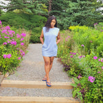 Load image into Gallery viewer, &quot;Sky&quot; baby blue  padded shoulder dress.
